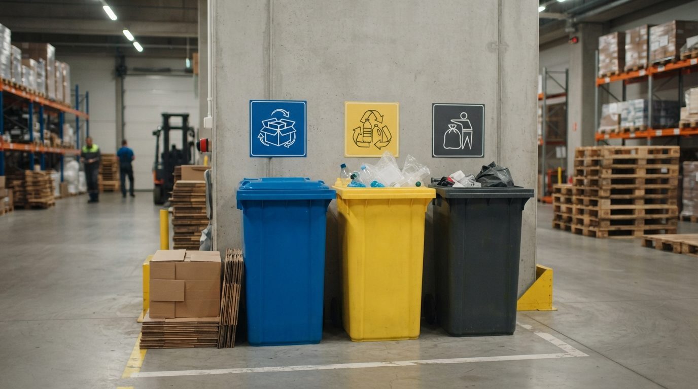 Sorteringsstation med mærkede beholdere til papir, plastik og affald